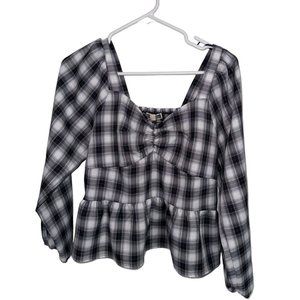 Pleione Crop Balloon Sleeve V Neck Top Sz S Black White Plaid